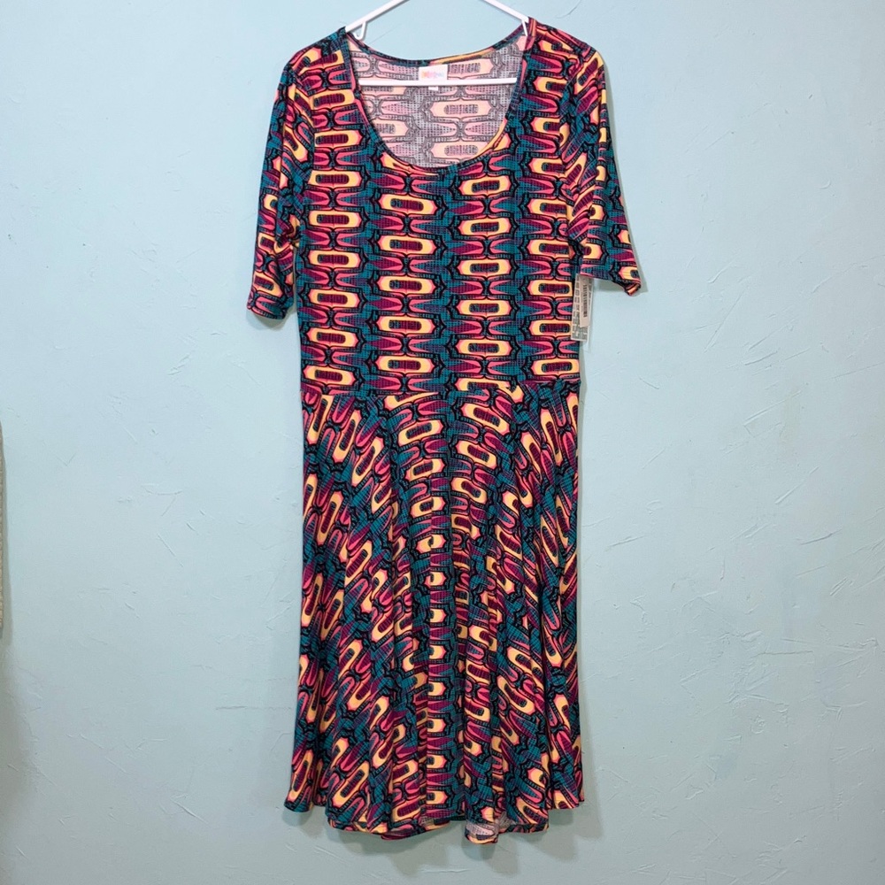 NWT LuLaRoe Vibrant Geometric Midi Dress in Pink, Teal, Navy & Yellow size 2XL